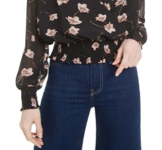 Blusa feminina Bar III com estampa floral, manga longa, gola V, preta, tamanho pequeno