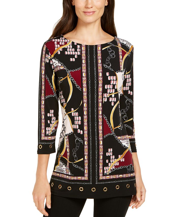 Túnica feminina estampada com ilhós e bainha preta, tamanho médio, da coleção JM