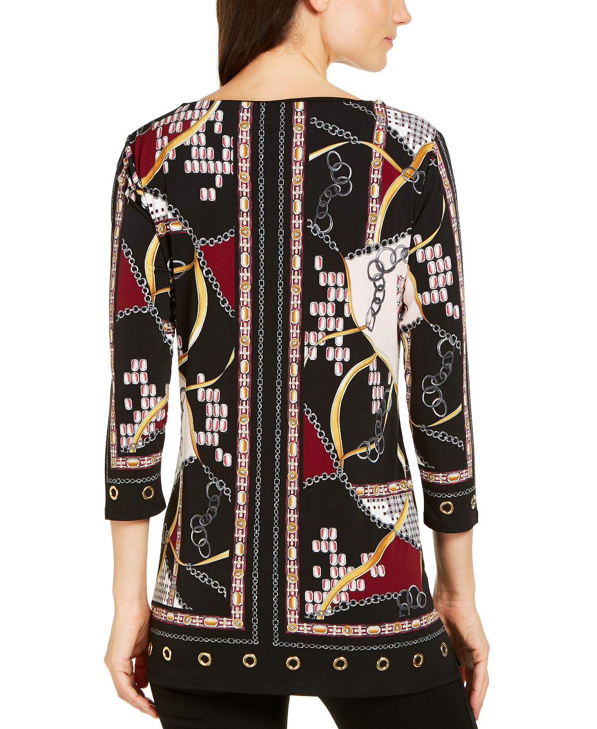 Túnica feminina estampada com ilhós e bainha preta, tamanho médio, da coleção JM