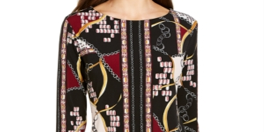 Túnica feminina estampada com ilhós e bainha preta, tamanho médio, da coleção JM