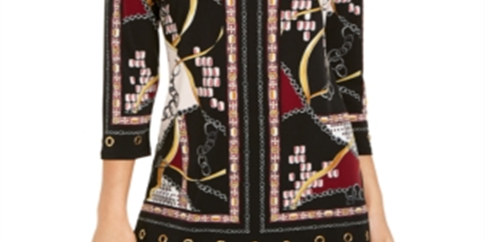 Túnica feminina estampada com ilhós e bainha preta, tamanho médio, da coleção JM