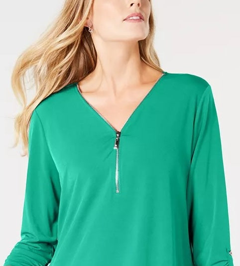 Blusa feminina com zíper e manga 3/4, verde, tamanho pequeno, da coleção JM