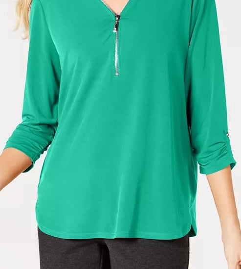 Blusa feminina com zíper e manga 3/4, verde, tamanho pequeno, da coleção JM