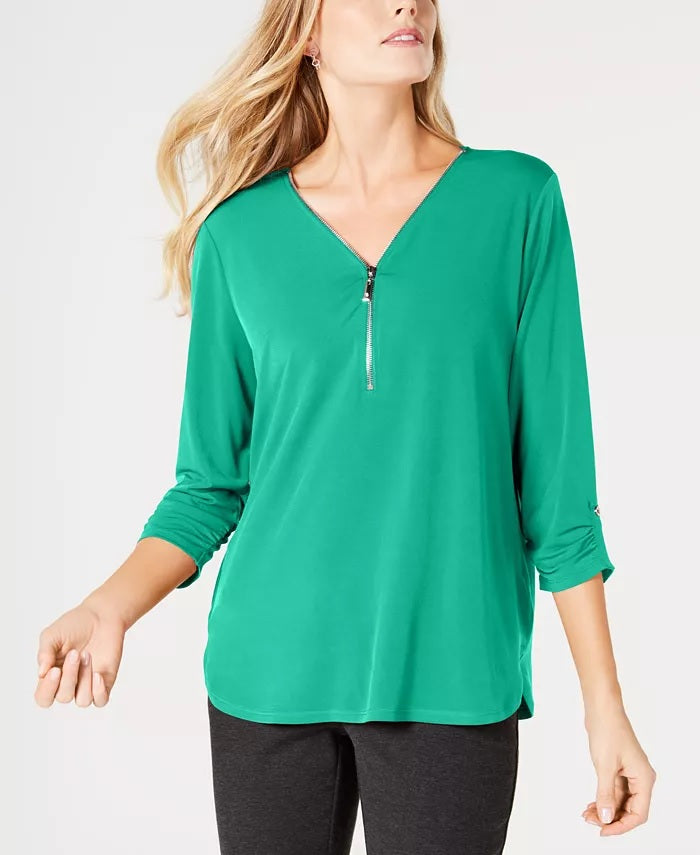 Blusa feminina com zíper e manga 3/4, verde, tamanho médio, da coleção JM