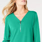 Blusa feminina com zíper e manga 3/4, verde, tamanho médio, da coleção JM