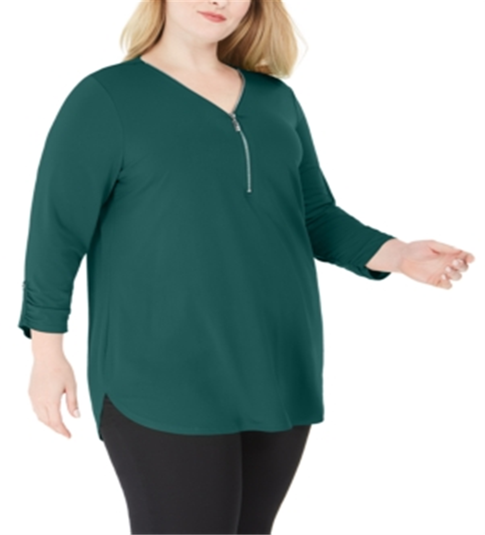 JM Collection Top Plus Solid Feminino com Zíper Verde Tamanho 2X