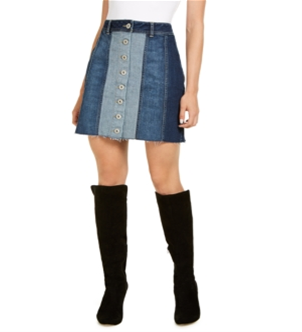 Minissaia jeans patchwork feminina INC International Concepts, azul, tamanho 0