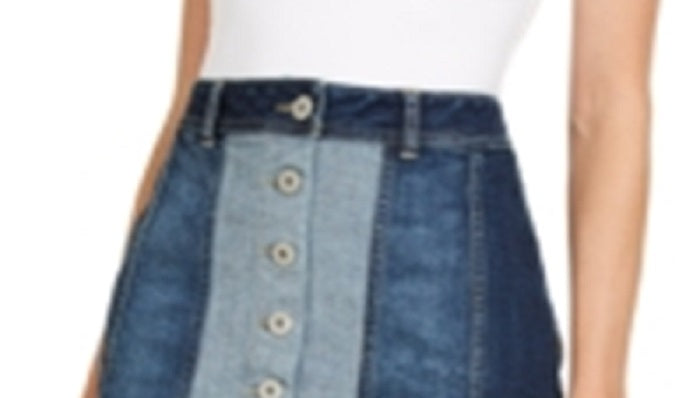 Minissaia jeans patchwork feminina INC International Concepts, azul, tamanho 0