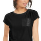 Camiseta feminina Bar III com bolso em couro sintético, preta, tamanho X-S