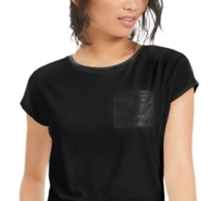 Camiseta feminina Bar III com bolso em couro sintético, preta, tamanho X-S