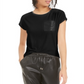 Camiseta feminina Bar III com bolso em couro sintético, preta, tamanho X-S