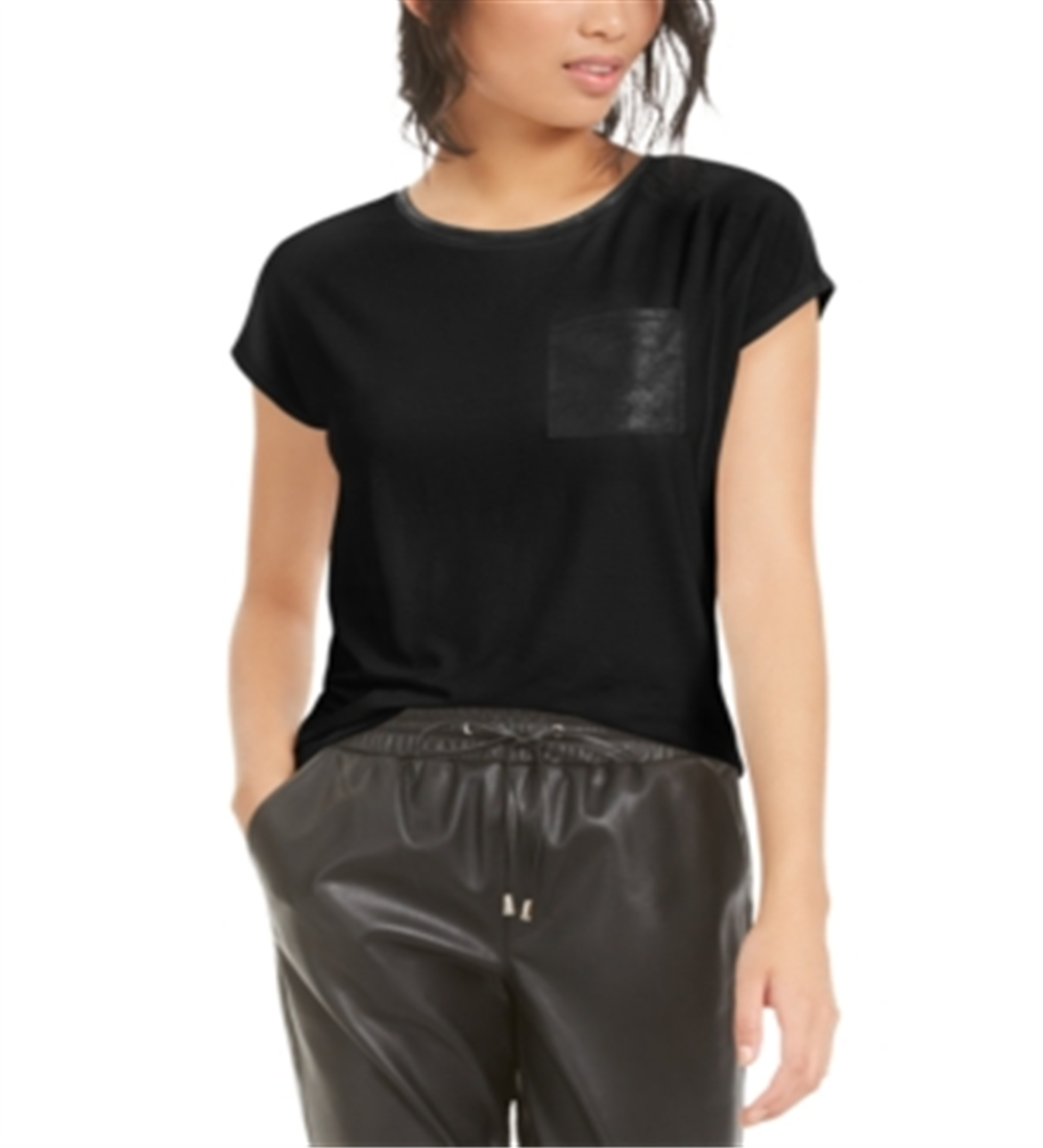 Camiseta feminina Bar III com bolso em couro sintético, preta, tamanho X-S