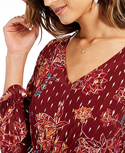 ESTILO E COMPANHIA Blusa feminina de manga comprida com estampa floral e amarração Borgonha, tamanho grande