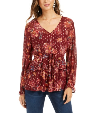 ESTILO E COMPANHIA Blusa feminina de manga comprida com estampa floral e amarração Borgonha, tamanho grande