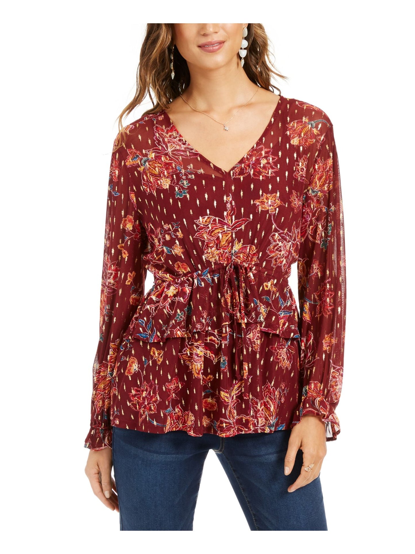 Blusa feminina estilo &amp; co, com amarração floral, manga comprida, decote em V, tamanho grande