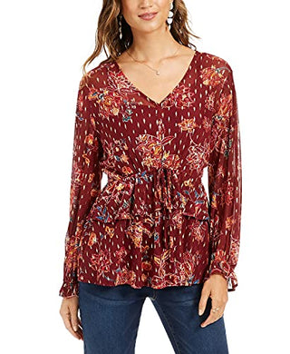 ESTILO E COMPANHIA Blusa feminina de manga comprida com estampa floral e amarração Borgonha, tamanho grande