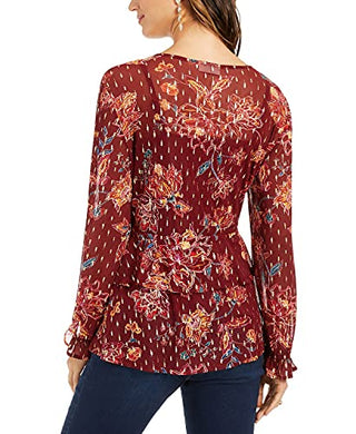 ESTILO E COMPANHIA Blusa feminina de manga comprida com estampa floral e amarração Borgonha, tamanho grande