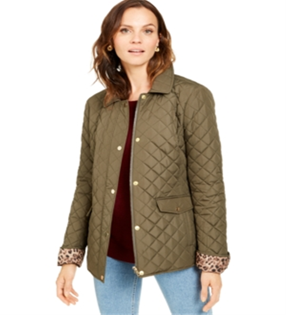 Jaqueta feminina acolchoada com estampa de leopardo e capuz Charter Club, tamanho X-G, verde