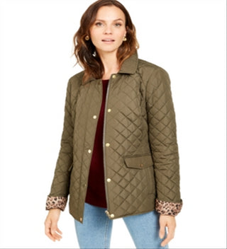 Jaqueta feminina acolchoada com estampa de leopardo e capuz Charter Club, tamanho X-G, verde