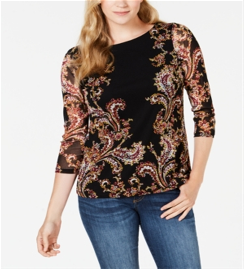 Charter Club Blusa de malha com estampa floral feminina, preta, tamanho médio