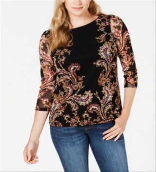 Charter Club Women's Floral Print Mesh Top Black Size Medium