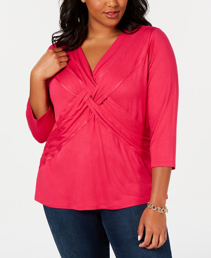 Blusa feminina plus size com frente torcida e drapeado, rosa, tamanho 1X, da INC International Concepts