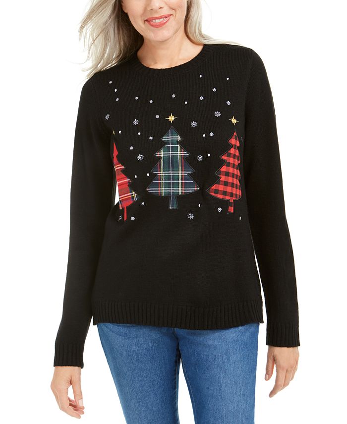 Karen Scott Suéter Feminino com Apliques Triplos de Árvore de Natal Preto Tamanho X-S