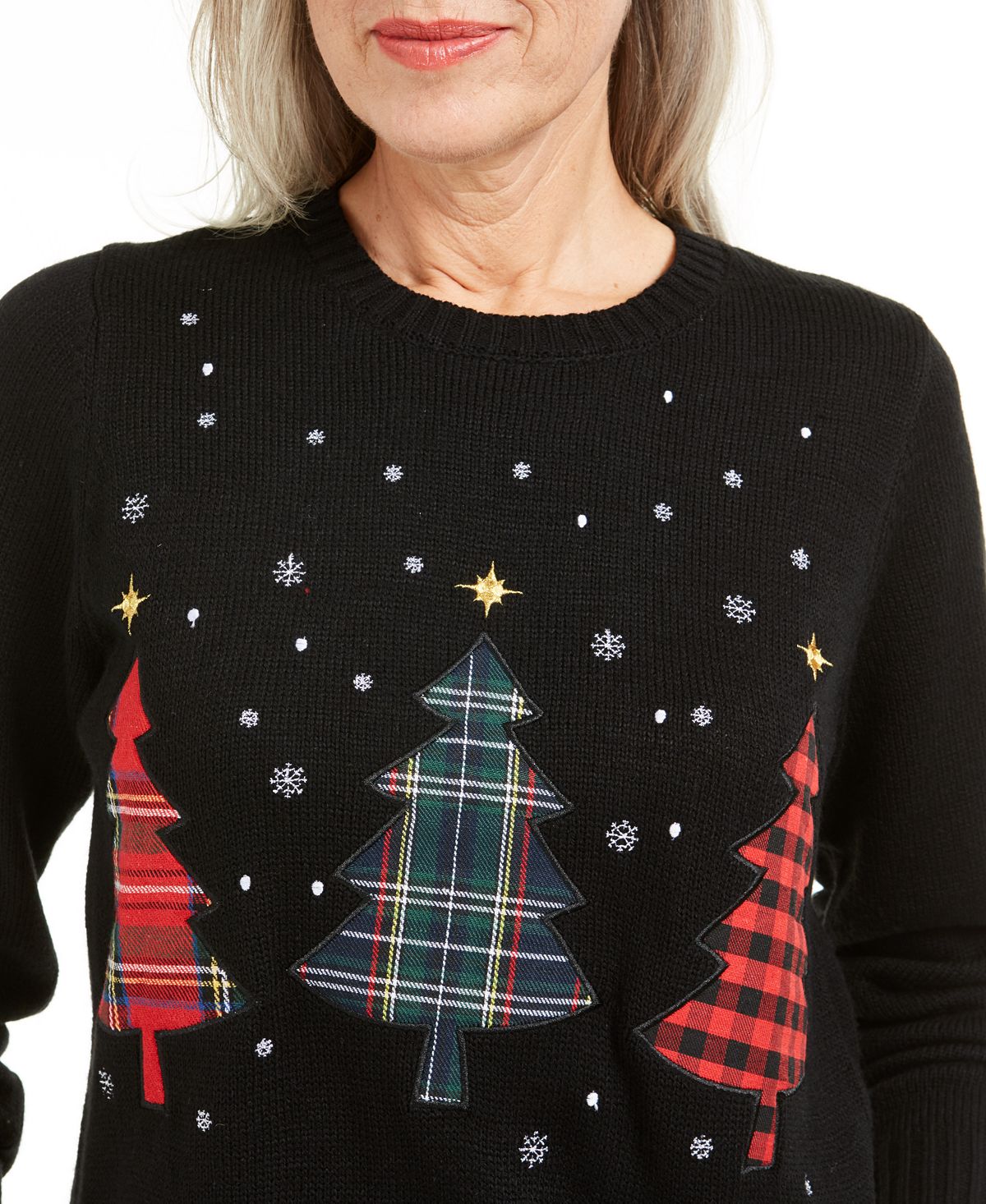 Karen Scott Suéter Feminino com Apliques Triplos de Árvore de Natal Preto Tamanho X-S