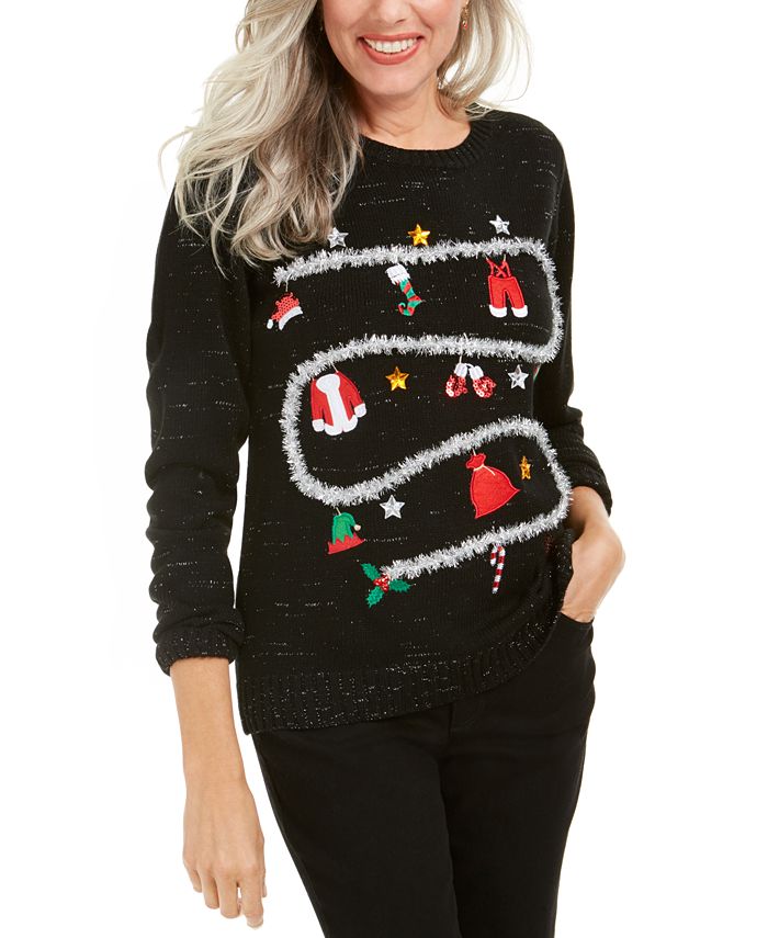 Blusa feminina Karen Scott com estampa de manga comprida e gola redonda, suéter de Natal, preto, tamanho extragrande