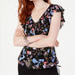 Blusa feminina INC International Concepts com babados florais e cordão, decote em V, preta, tamanho extragrande