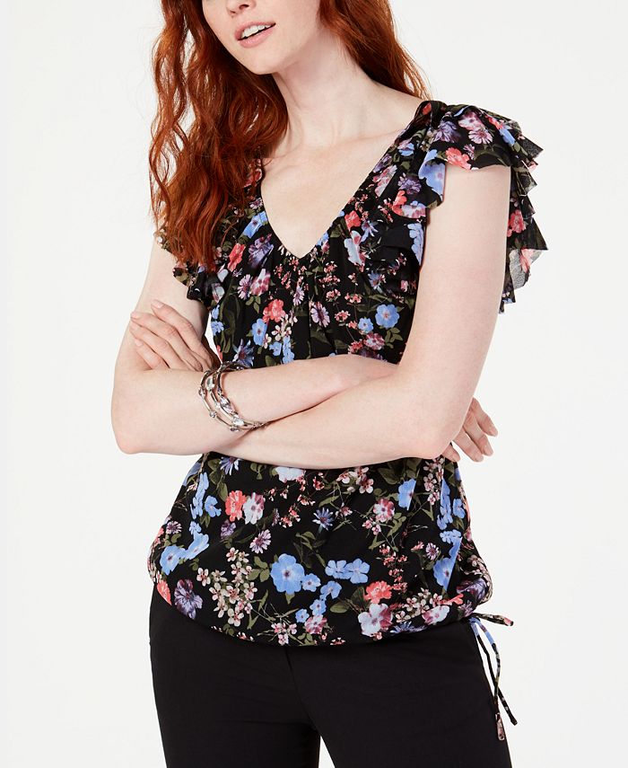 Blusa feminina INC International Concepts com babados florais e cordão, decote em V, preta, tamanho extragrande