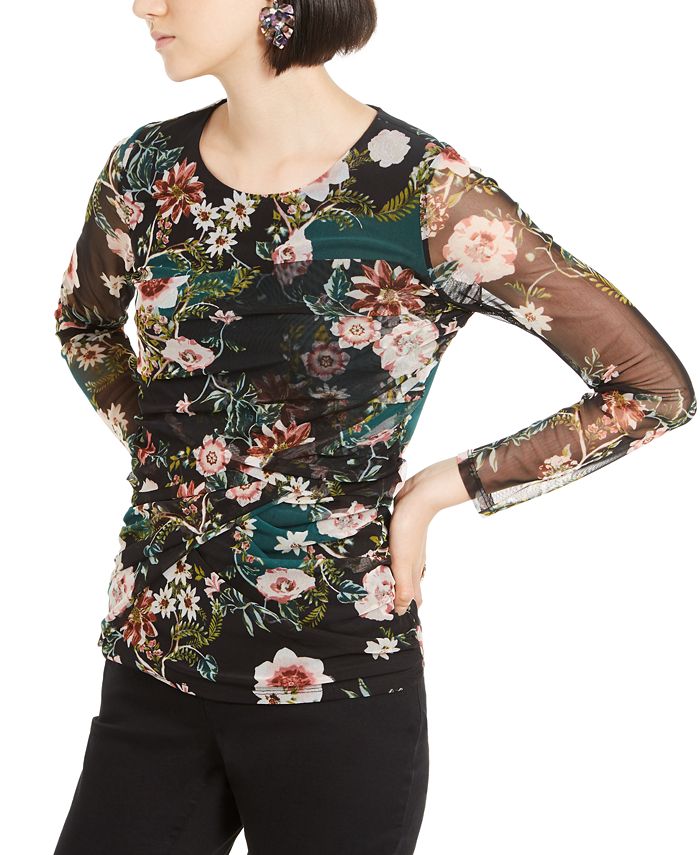 Blusa feminina com estampa floral e babados, preta, tamanho pequeno e pequeno, da INC International Concepts