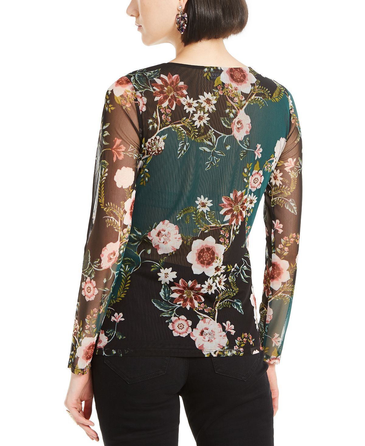 Blusa feminina com estampa floral e babados, preta, tamanho pequeno e pequeno, da INC International Concepts