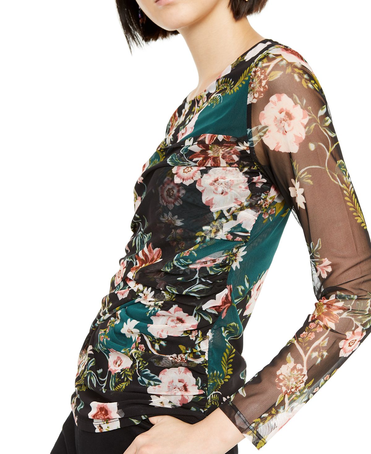 Blusa feminina com estampa floral e babados, preta, tamanho pequeno e pequeno, da INC International Concepts