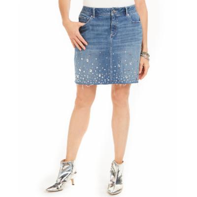 INC International Concepts Saia jeans feminina com corte curvilíneo e strass, azul, tamanho 4