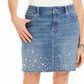 INC International Concepts Saia jeans feminina com corte curvilíneo e strass, azul, tamanho 4