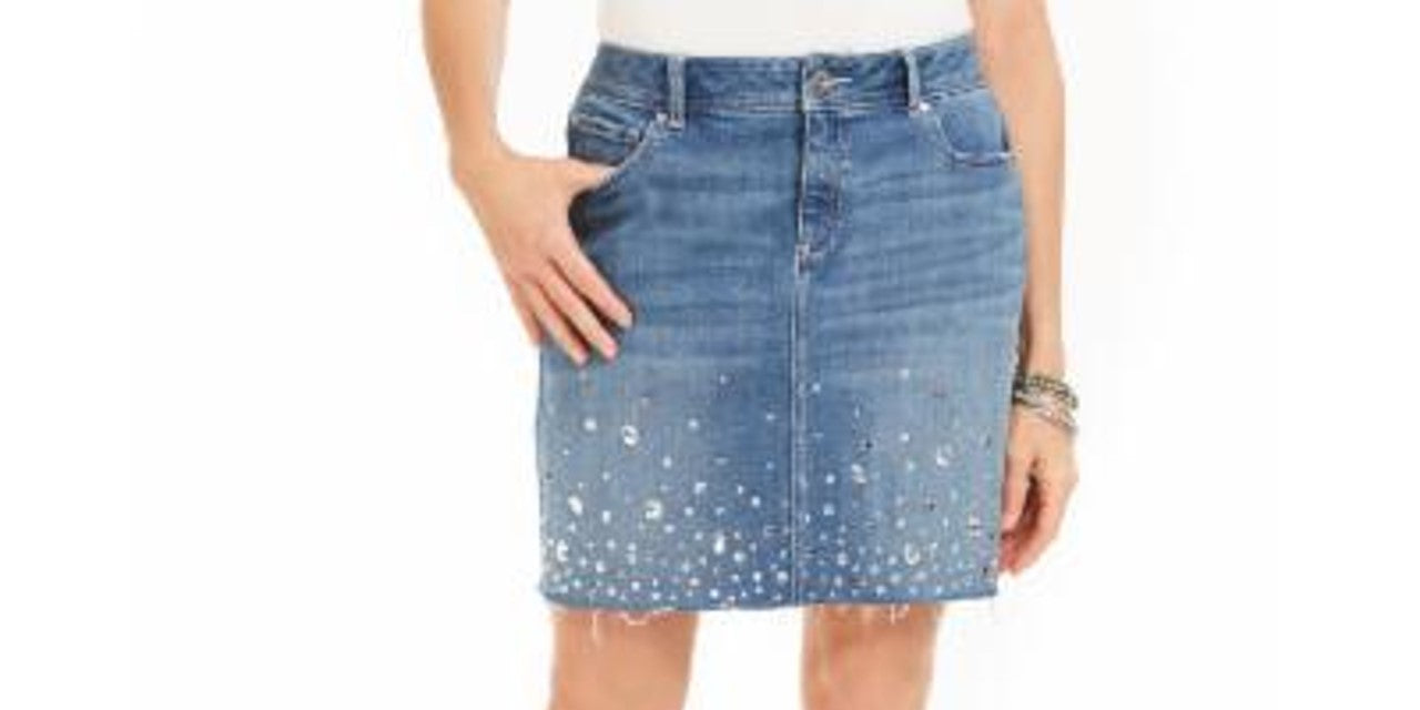 INC International Concepts Saia jeans feminina com corte curvilíneo e strass, azul, tamanho 4