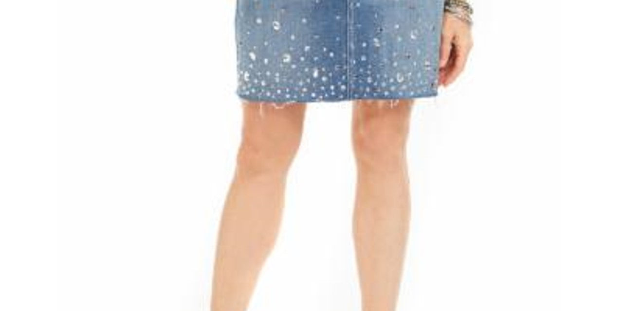 INC International Concepts Saia jeans feminina com corte curvilíneo e strass, azul, tamanho 4