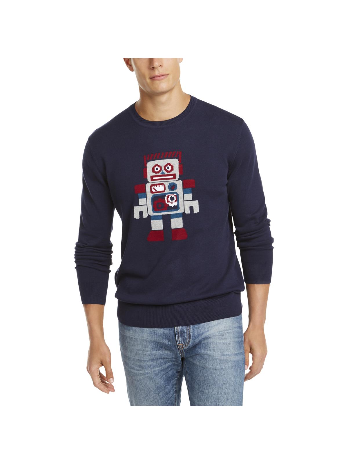 Suéter de gola redonda com estampa de algodão Pima Robot Masculino Club Room, azul, tamanho pequeno
