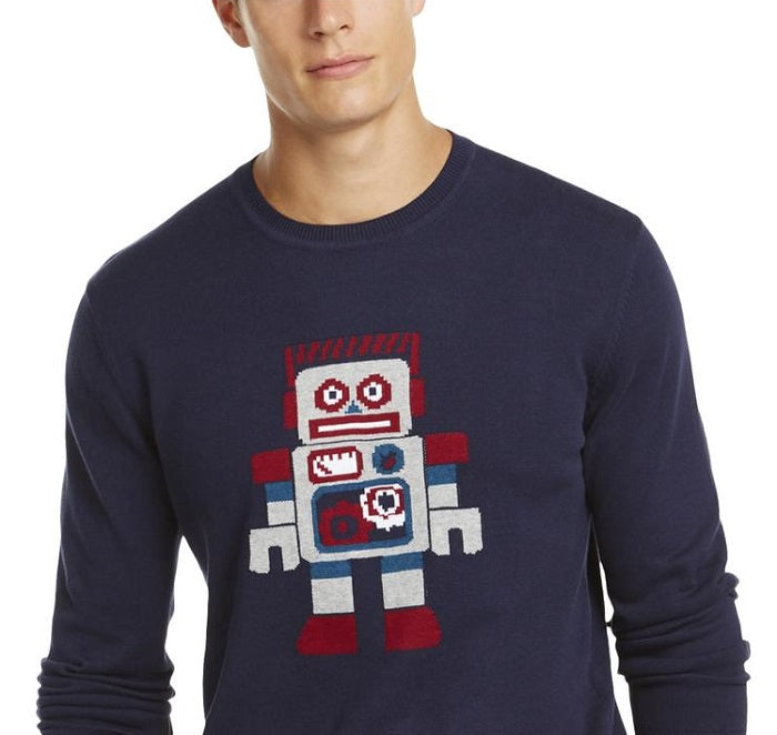 Suéter de gola redonda com estampa de algodão Pima Robot Masculino Club Room, azul, tamanho pequeno