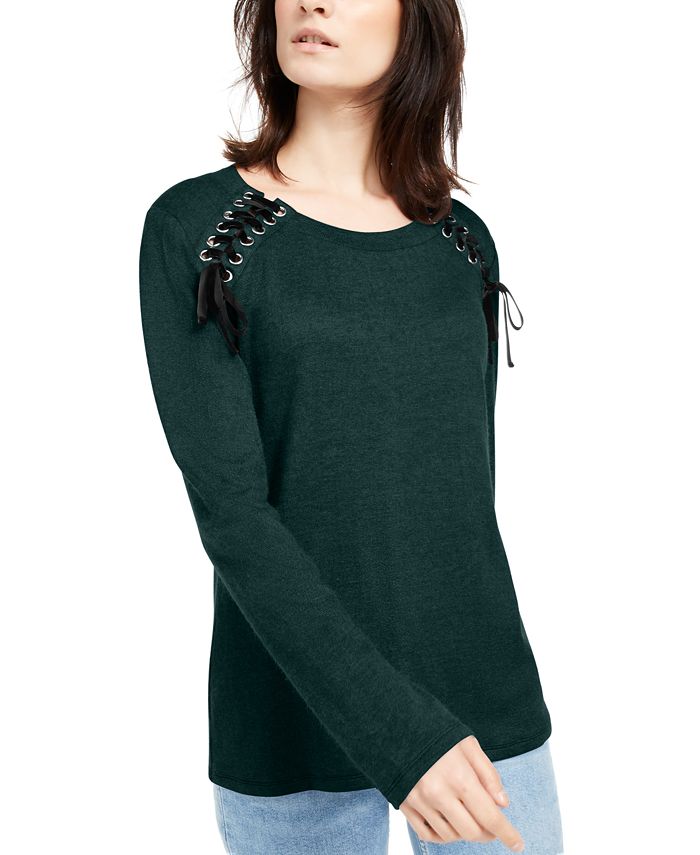 INC International Concepts Top feminino com decote redondo e cadarço, verde, tamanho extragrande