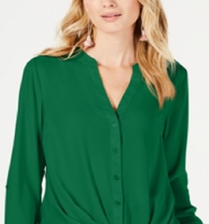Blusa feminina com botões frontais e torcidos INC International Concepts, verde, tamanho médio