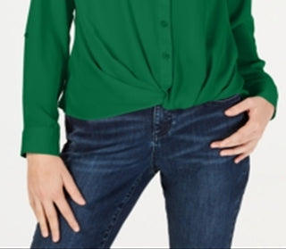 Blusa feminina com botões frontais e torcidos INC International Concepts, verde, tamanho médio