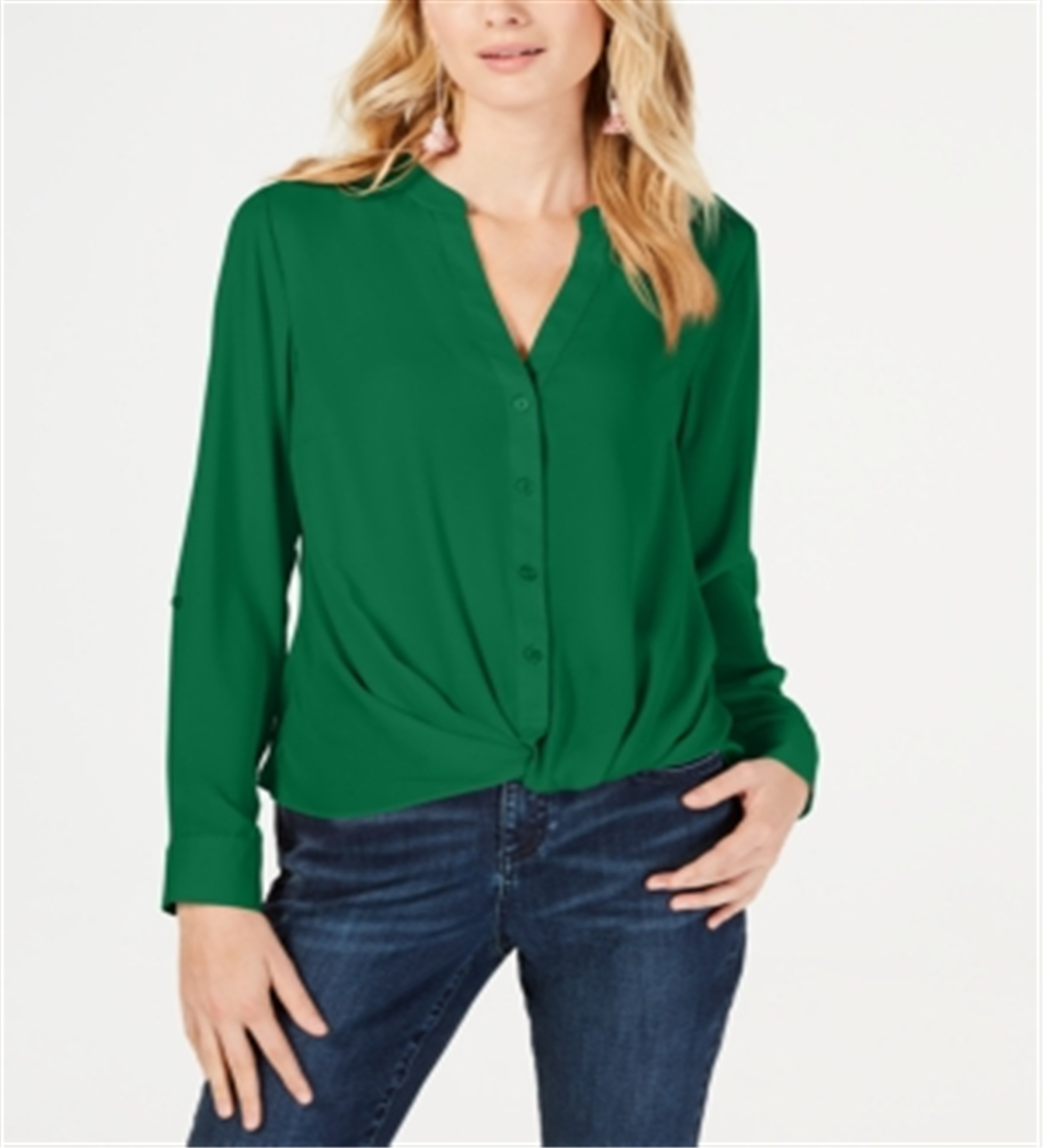Blusa feminina com botões frontais e torcidos INC International Concepts, verde, tamanho médio