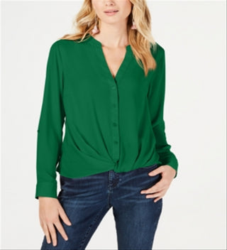 Blusa feminina com botões frontais e torcidos INC International Concepts, verde, tamanho médio