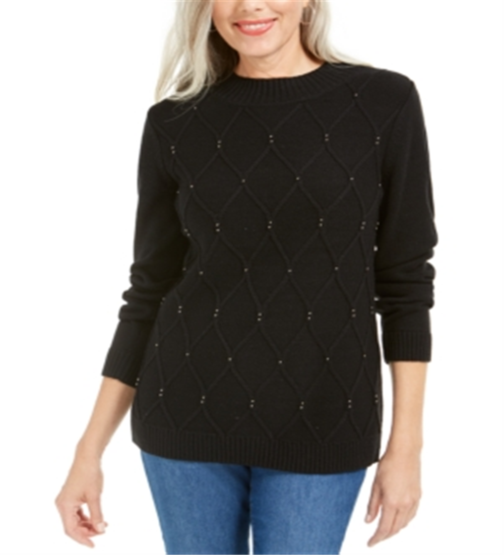 Karen Scott Suéter Feminino com Gola Careca e Cordão com Contas Preto Tamanho Grande