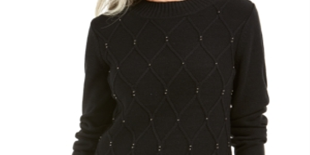 Karen Scott Suéter Feminino com Gola Careca e Cordão com Contas Preto Tamanho Grande