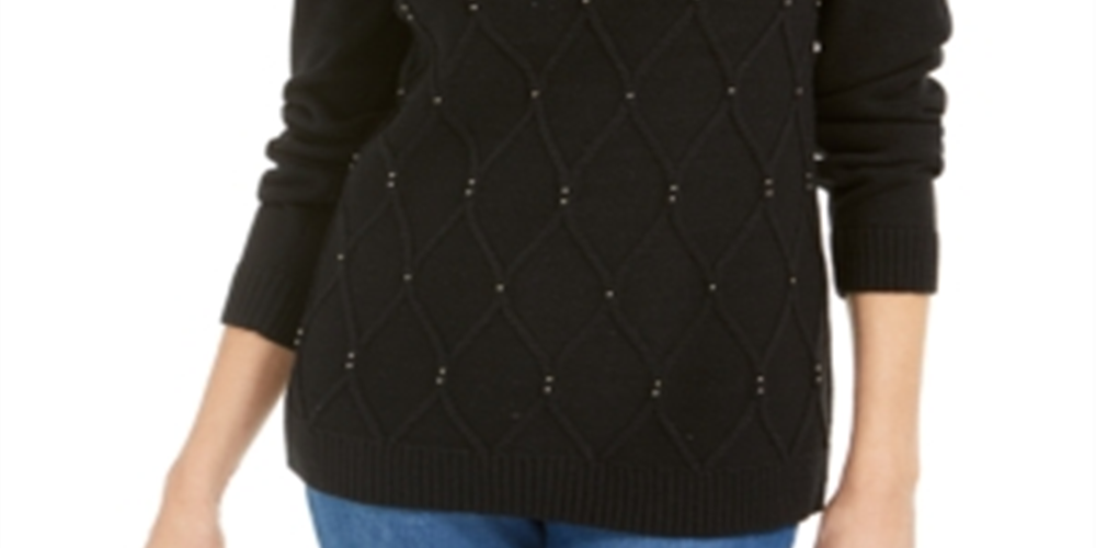 Karen Scott Suéter Feminino com Gola Careca e Cordão com Contas Preto Tamanho Grande