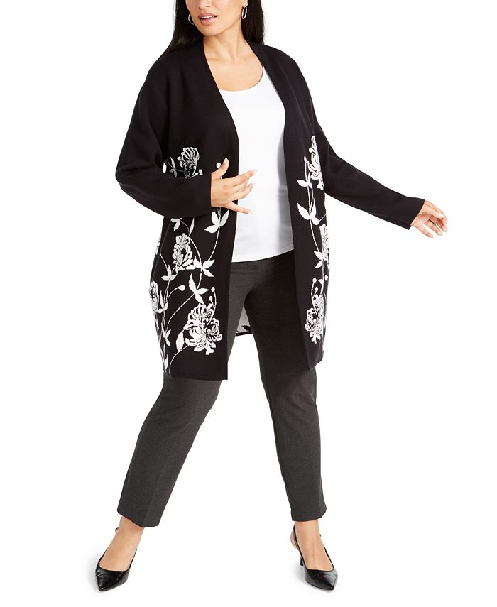 Cardigan feminino Alfani Plus estampado com frente aberta, preto, tamanho 3X