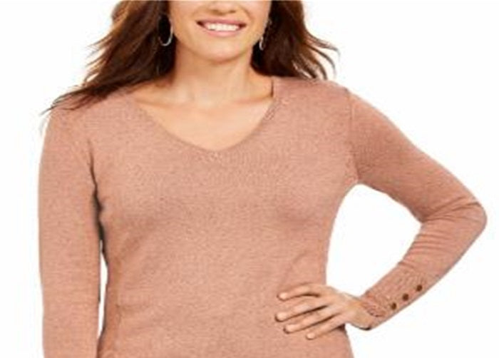 Suéter feminino com decote em V metálico, rosa, tamanho extragrande, da coleção JM